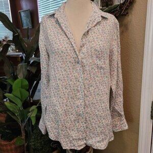 Grayson Anthropologie Linen Top Blue Floral Printer Cottage Core Beach P…